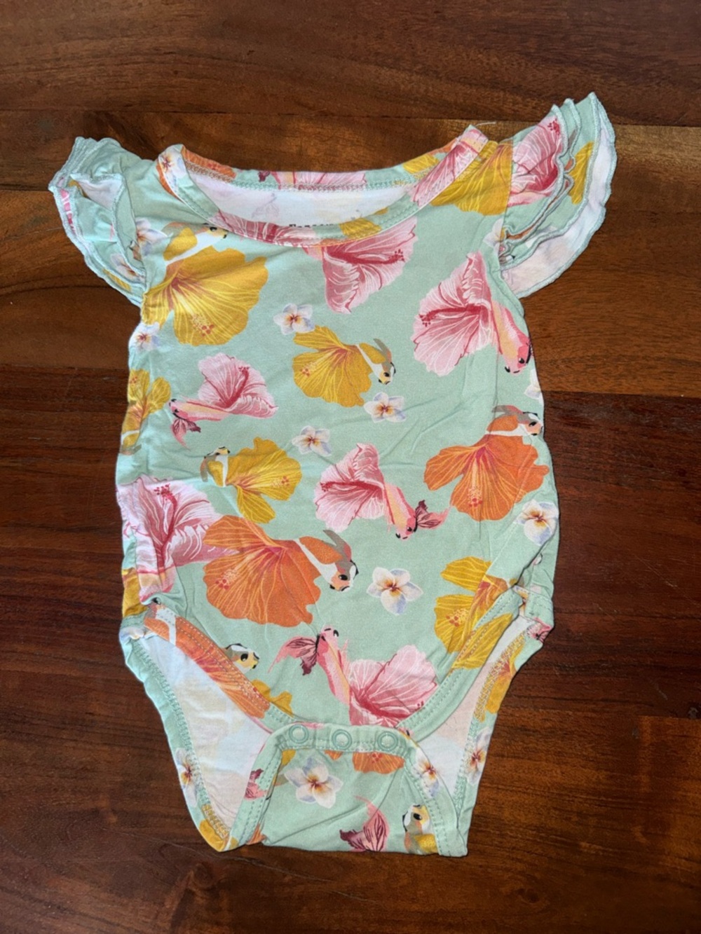 Mint Floral-Print Baby One-Piece Bodysuit with Ruffle Sleeves